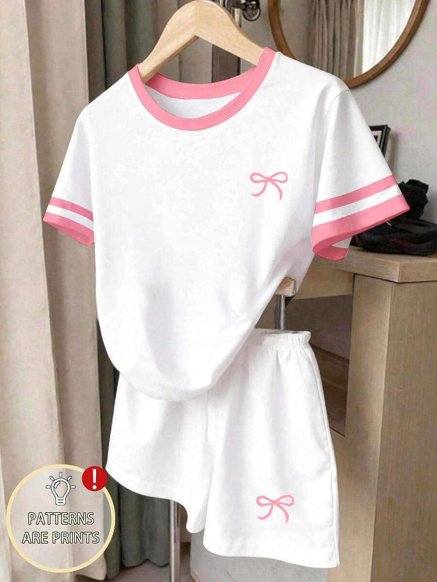 2pcs/Set Girls' Cute White Bow Print Round Neck Short Sleeve T-Shirt And Shorts,Summer Back-To-School Casual Outfits For School Daily Wear - Black and White - View 1