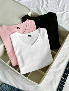 SHEIN EZwear 3件装女士夏季V领紧身T恤，朋克亚文化动漫纯色基础款V领短袖修身T恤 - 彩色 - 查看 7