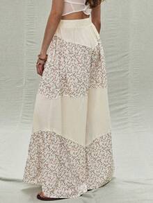 SoleilVie Tall Spring Summer New Floral Patchwork Wide-Leg Pants Regular Waist Elastic Waist Resort Maxi Pants - Apricot - View 2