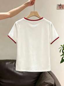 Franclia Women's V-Neck Contrast Trim Heart Embroidery Casual Everyday T-Shirt - White - View 2