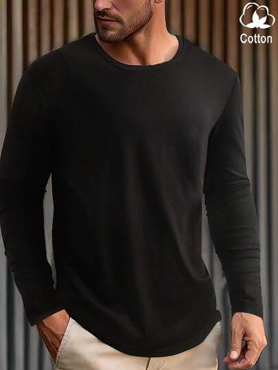 Manfinity Homme تي شيرت رجالي بياقة مستديرة وأكمام طويلة، خريف