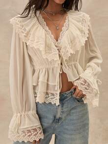 Bohemian Ruffled Collar Waist Lace Patchwork Women Blouse - Apricot - View 6