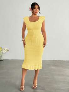 Firerie Plus Size Solid Color Fitted Knit Dress Fall - Light Yellow - View 3