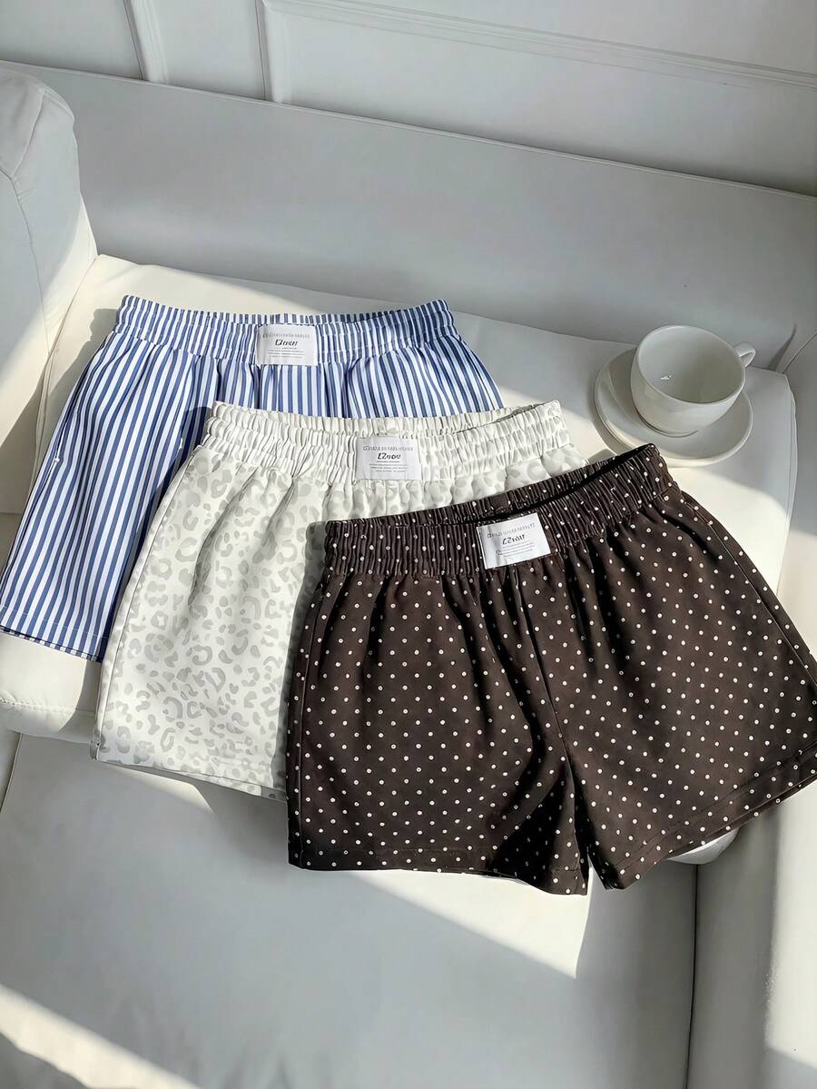 SHEIN EZwear 3件套女士舒适短裤休闲复古优雅通勤百搭暖蓝白条纹棕色波点印花图案，沙滩/度假套装，夏季服装，短裤，梭织面料 - 彩色 - 查看 1