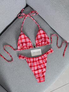 Swim Mod Spring/Summer Beach Pink Plaid Halter Bikini 2 Pieces Set - Multicolor - View 2