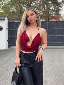 Jeta Ari Commuting Sexy Party Back To School Music Festival Vacation Halter Plunging Neck Crop Top Women Sleeveless Deep Draped Neck Ruched Metal Decor Casual - Burgundy - View 3