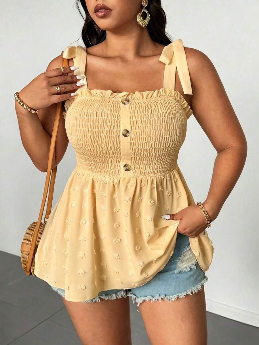 Elenzga Plus Size Women Solid Color Front Pocket Patchwork Textured Fabric Shoulder Strap Blouse - Light Yellow - View 1