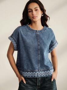 Anewsta Women's Elegant Embroidered Towel Casual Summer Vacation Denim Top - Blue - View 3
