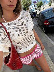 Selianne Summer Cute & Sexy Y2K White Knitted Top With Hand-Sequined Details, Large Round Neck And Hollow-Out Design. Can Be Worn Off-One-Shoulder Or Regular Shoulder. Perfect For Street Style, Music Festivals, Party Outfits And Beach Vacations. - White - View 3