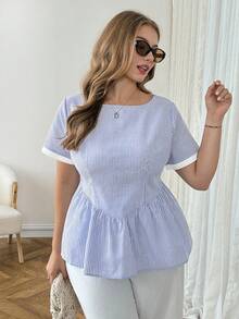 SHEIN LUNE 大码夏季休闲条纹荷叶边短袖衬衫 - 藍白色 - 查看 4