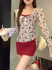 DAZY 2pcs Women Letter Print Button Design Long Sleeve Top And Spaghetti Strap Dress Set Night Out All White Burgundy Autumn Y2k Cute - Burgundy - View 3