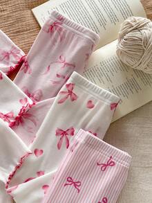 Cozy Pixies Bộ đồ mặc nhà 6 món màu hồng kẻ sọc dễ thương họa tiết trái tim và nơ cho bé gái, gồm áo thun và quần, thích hợp cho mùa hè. - Nhiều màu - Xem 4