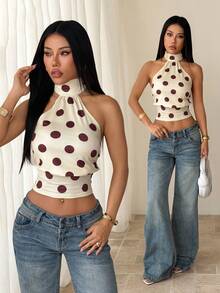 SHEIN PETITE Áo hai dây hở lưng cổ yếm in chấm bi thời trang dành cho nữ, thích hợp cho các buổi đi chơi, phong cách đường phố, thời trang Y2K, áo chấm bi. - Màu vàng - Xem 4