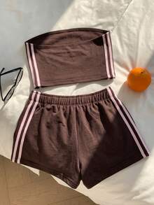 Comfortcana 夏季休闲撞色条纹抹胸上衣和短裤套装 - 棕色 - 查看 2