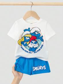 SHEIN X The Smurfs 2件套男婴休闲圆领短袖T恤和短裤套装 - 藍色 - 查看 1