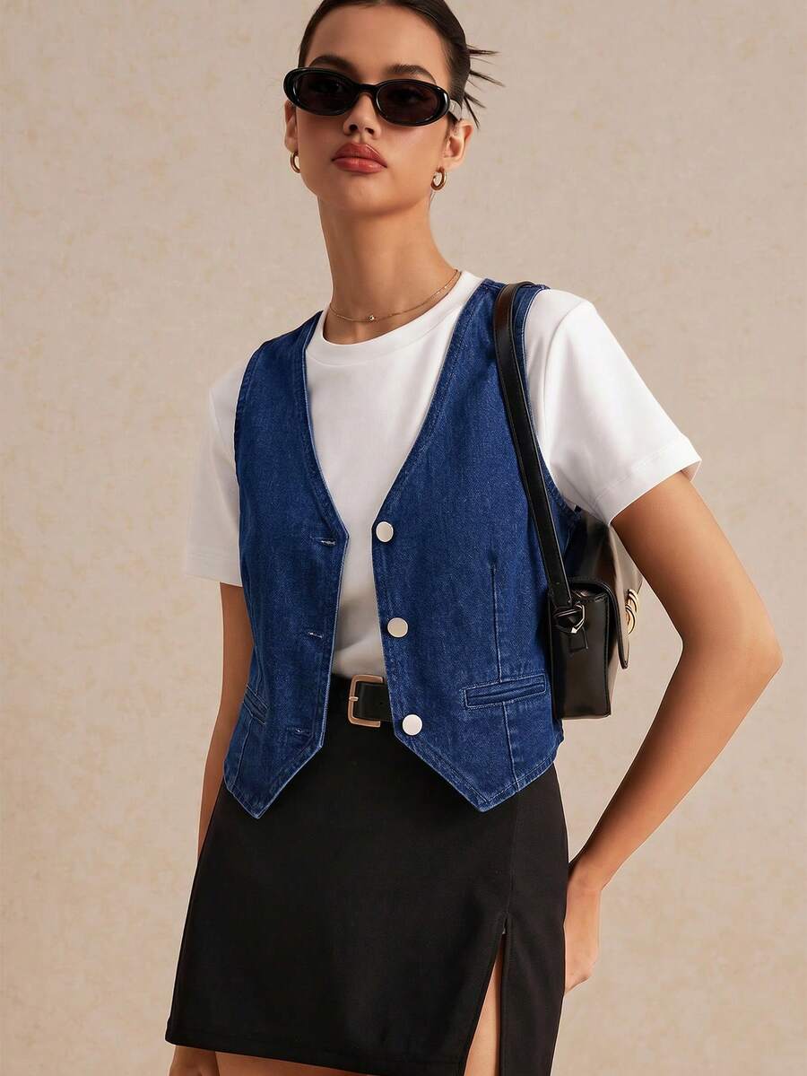 Poéselle 性感度假風女款無袖牛仔背心 藍色 - 深色水洗藍 - 查看 1