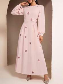 Solavon Women's Round Neck Raglan Sleeve Pleated Elegant Arabic Style Dress - Pink - View 6