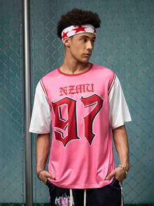 EVRINFINITE Camiseta de cuello redondo para hombre, estilo universitario de deportes y ropa urbana con estampado gráfico de manga corta - Rosa - Ver 1