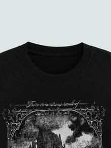 Modcrash Men's Casual Round Neck Black Horror Castle Graphic T-Shirt - Grey - View 3