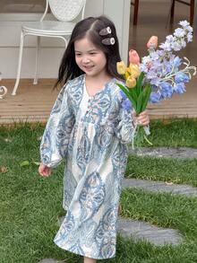 Dazy Kids Retro Print Long Sleeve A-Line Casual Dress For Little Young Girls - Blue - View 7