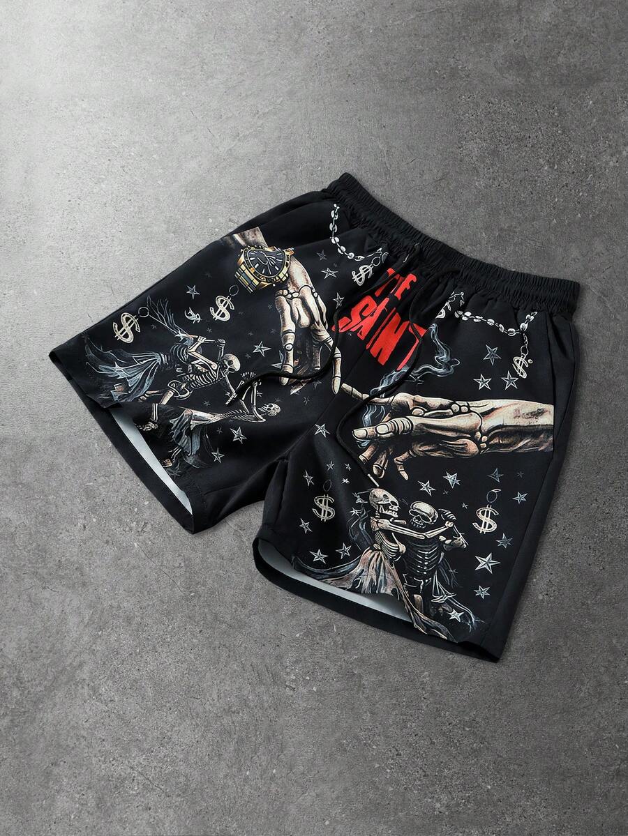 ROMWE MEN Street Life Quần short nam dáng rộng in họa tiết, thích hợp cho mùa xuân/hè. - màu đen - Xem 1