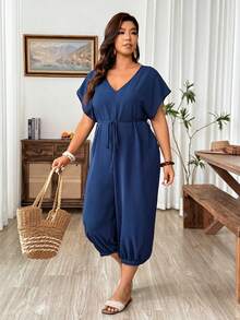 Weeklong Plus Size Women Solid Color Casual Loose V-Neck Jumpsuit Fall - Navy Blue - View 3