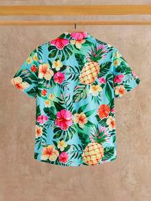 HIMLAND Men's Floral & Pineapple Print Single-Breasted Casual Versatile Daily Wear Short Sleeve Shirt, Vacation, Father's Day Gifts - Multicolor - View 3