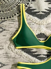Swim Vcay Bộ bikini tam giác cạp cao phối màu tương phản dành cho nữ, thích hợp cho kỳ nghỉ biển. - màu xanh lá - Xem 3