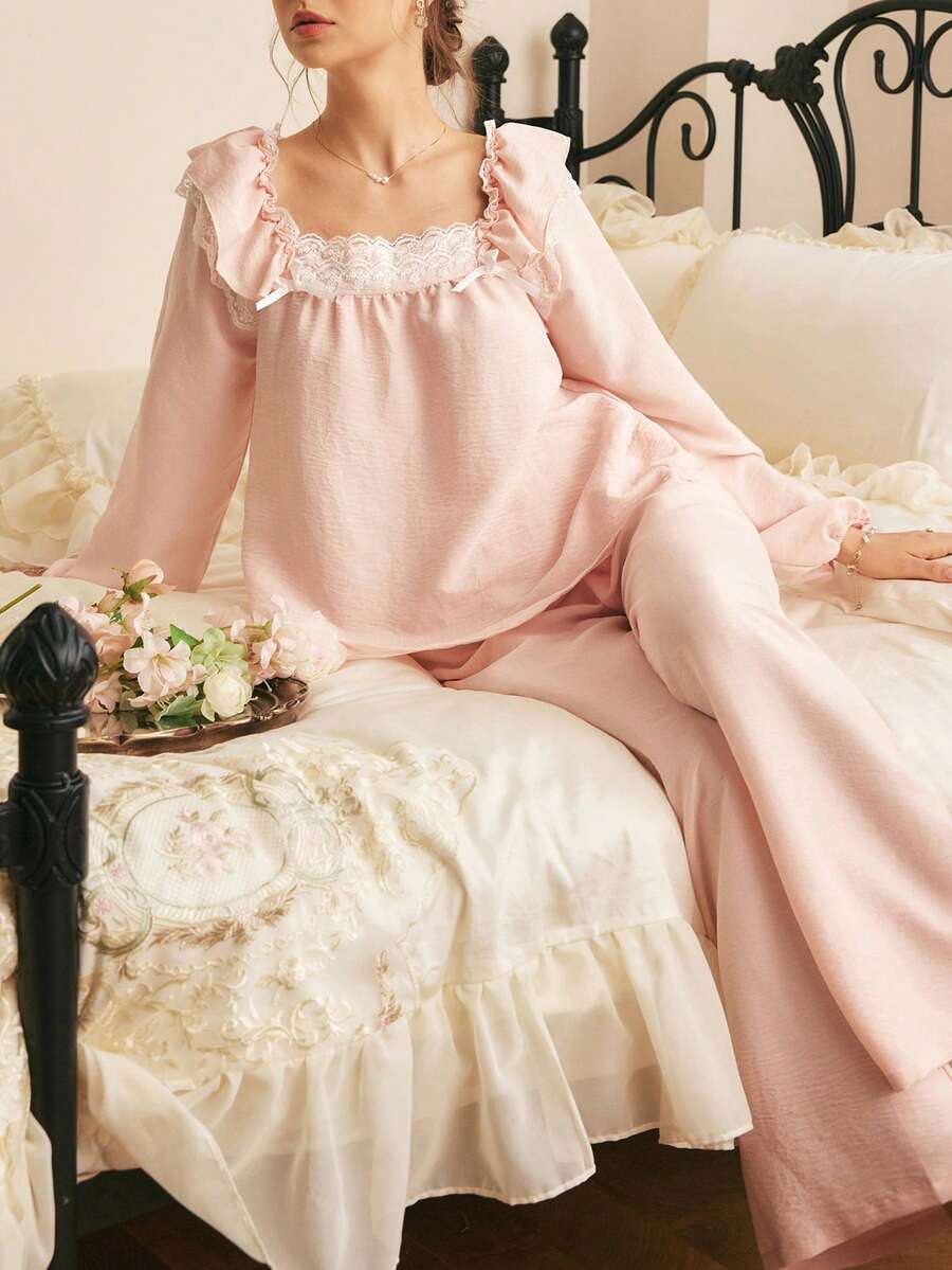 Côtesoire Romantic Fresh Elegant Contrast Color Lace Patchwork Ruffle Hem Palace Style Simple Women Pajama Set - Baby Pink - View 1