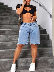 Jeanoix Short en jean ample et décontracté à jambe droite avec ourlet effiloché, couleur unie, grande taille, été - Bleu azur - Voir 4