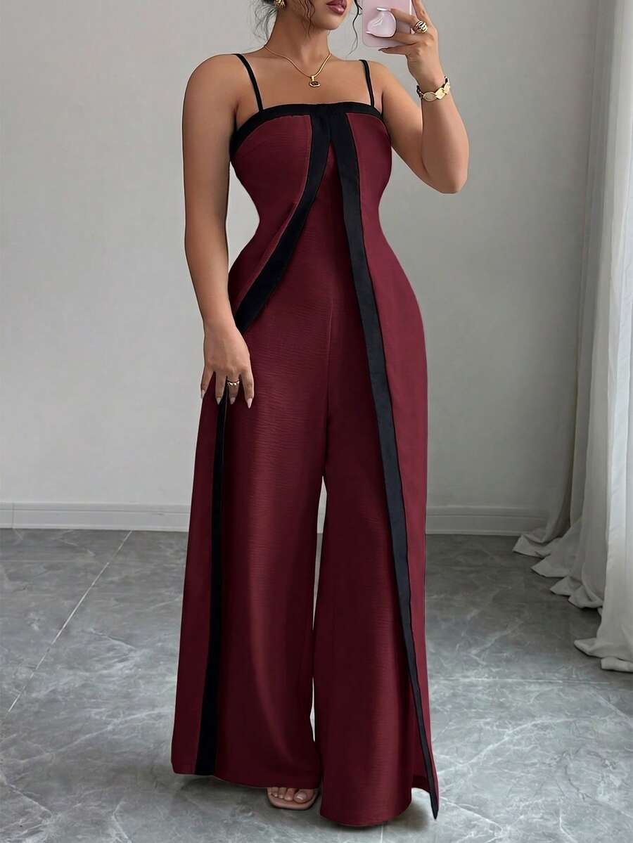 Elenzga Plus Size Contrast Color Casual Jumpsuit Straight Leg Long Pants For Women - Burgundy - View 1
