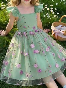 SHEIN Glamorique Kids Đầm công chúa dáng chữ A thanh lịch cho bé gái, dây mảnh, tay bồng, chất liệu lưới thêu, thích hợp cho các bữa tiệc ngày lễ, quà sinh nhật, kỳ nghỉ hè. - màu xanh lá - Xem 5