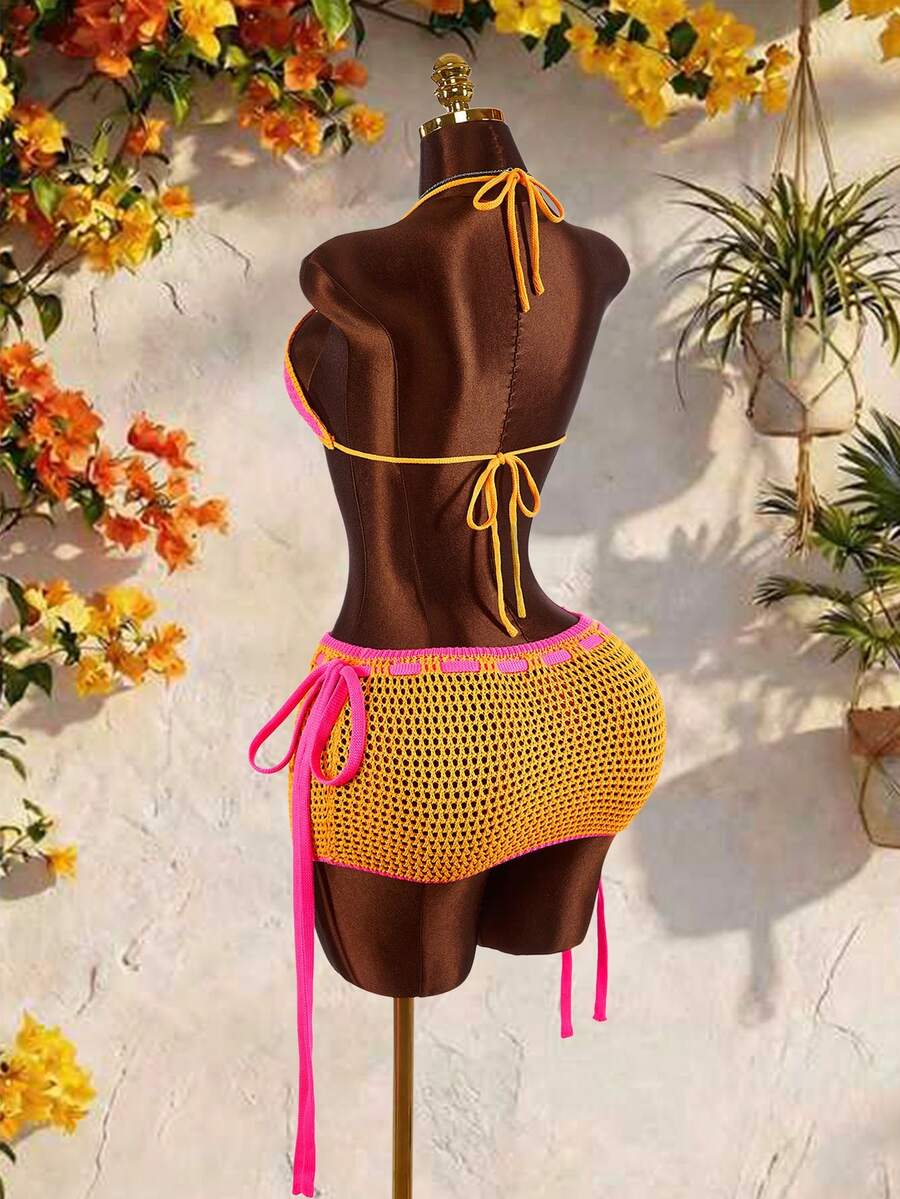 Amplova Women's Vacation Beach Contrast Trim Backless Halter Knit Top And Skirt 2 Pieces Set - Hot Pink - View 1