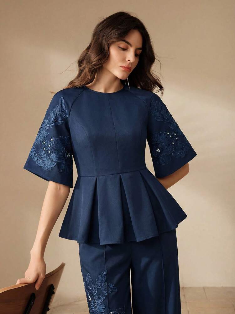 Vintage Elegant Waist Tie Embroidered 3/4 Sleeve Blouse For Women