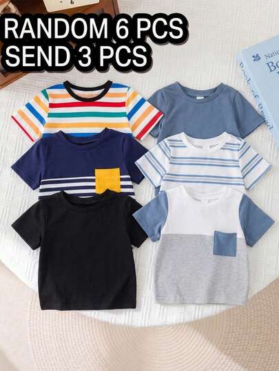 3ชิ้น/เซ็ต เสื้อยืดถักแขนสั้นคอกลมลำลองสำหรับเด็กชาย/หญิง ลายทางสีฟ้าและสีพื้น เหมาะสำหรับใส่ในฤดูใบไม้ผลิ/ฤดูร้อน ทั้งในร่มและกลางแจ้ง