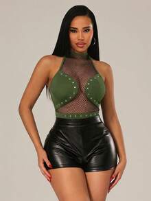 Radiana Women's Summer Army Green Mesh Patchwork Knit Bodysuit,Metal Rivet Decor Fitted Sheer Top,Y2K Streetwear For Concert,Rave,Party,Nightclub&Holiday - Army Green - View 7