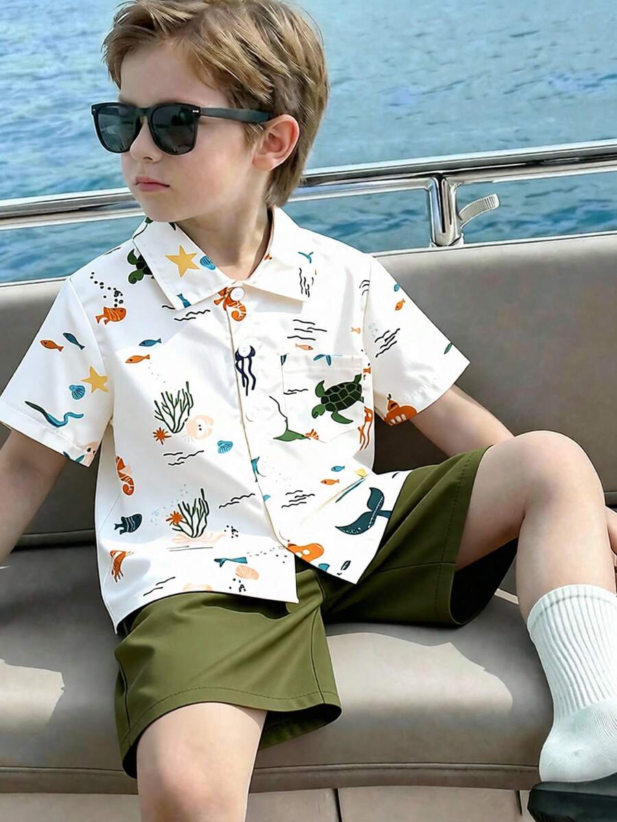SHEIN 男童海洋动物印花短袖衬衫短裤套装(2件),适合度假、户外探险、海滩周末、海岛风情、夏季穿着 - 綠色 - 查看 1