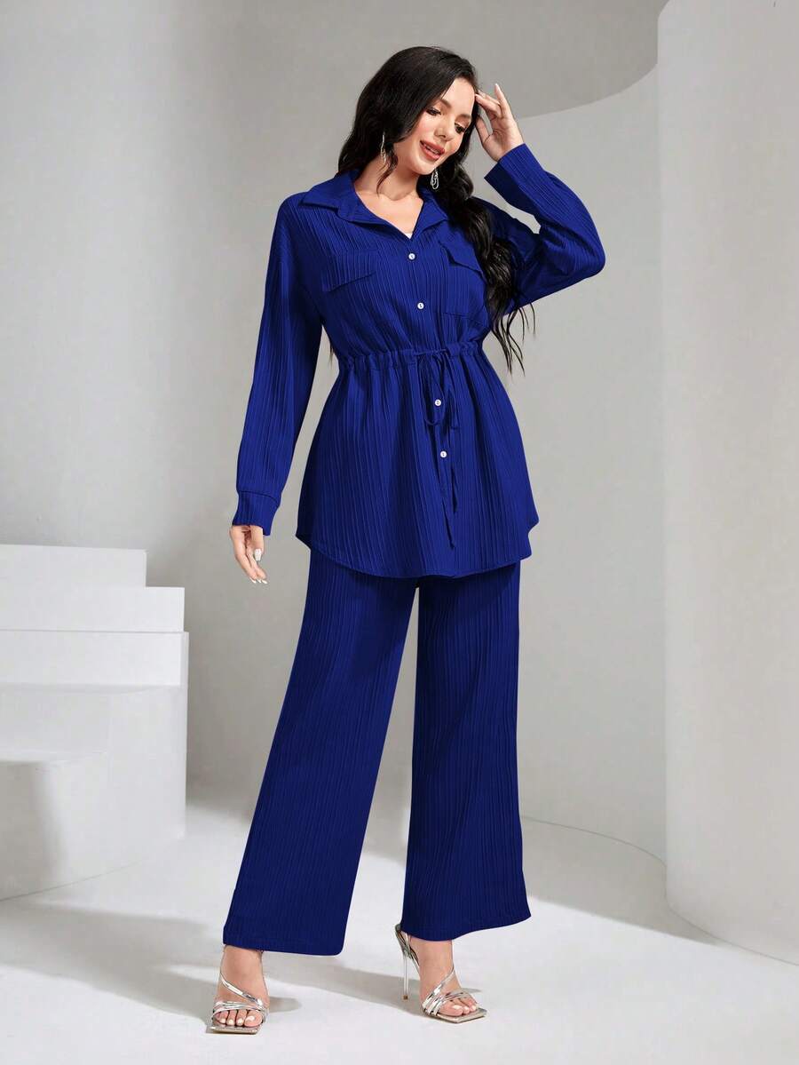 Graceveil Flap Pocket Drawstring Waist Shirt & Wide Leg Pants 2 Pieces Set Modest - Royal Blue - View 1