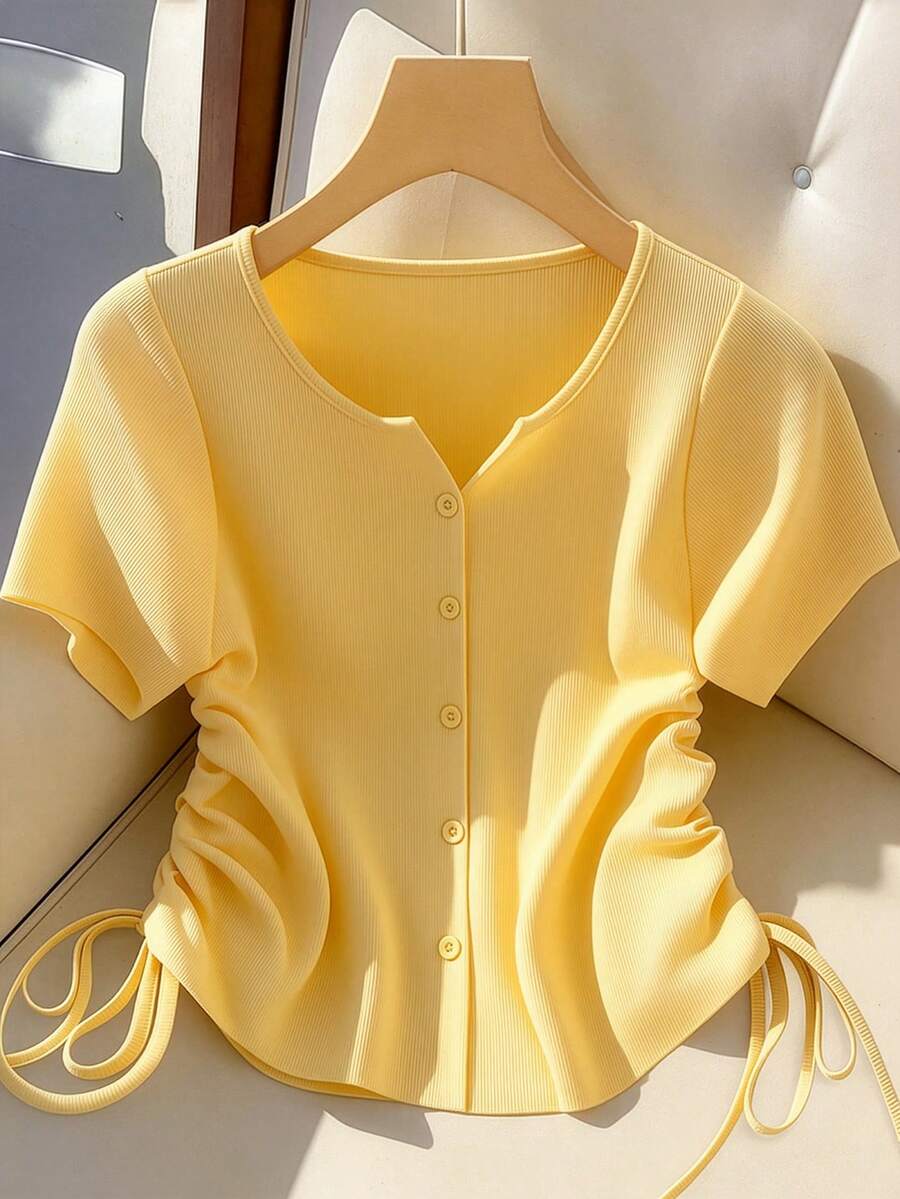 GlowEve CURVE Plus Size Elegant V-Neck Solid Color Ribbed Knit T-Shirt, Slimming Drawstring Waist Single-Breasted Design, Suitable For Daily Commute, Party, And Casual Wear - Yellow - View 1
