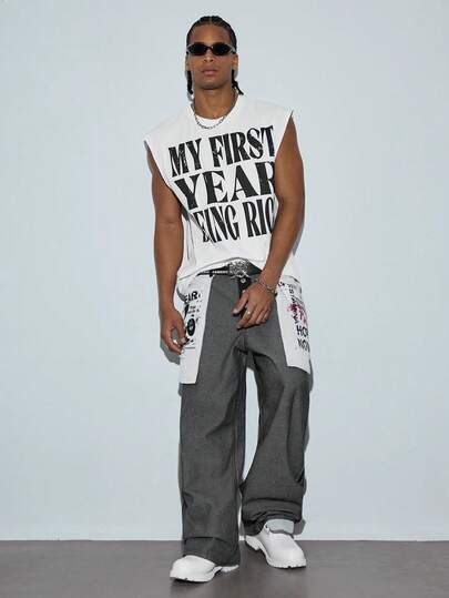Modcrash Wealthy Young Man Style Loose Slogan Print Sleeveless T-Shirt, Casual Sleeveless Top, Hip-Hop Clothing