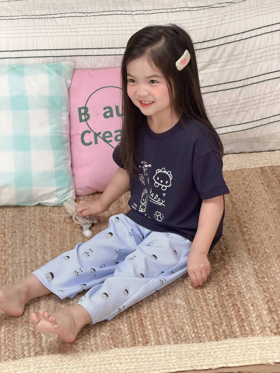 Young Girl Cute Cartoon Print Short Sleeve T-Shirt And Striped Pants Pajama Set, Summer - Navy Blue - View 1