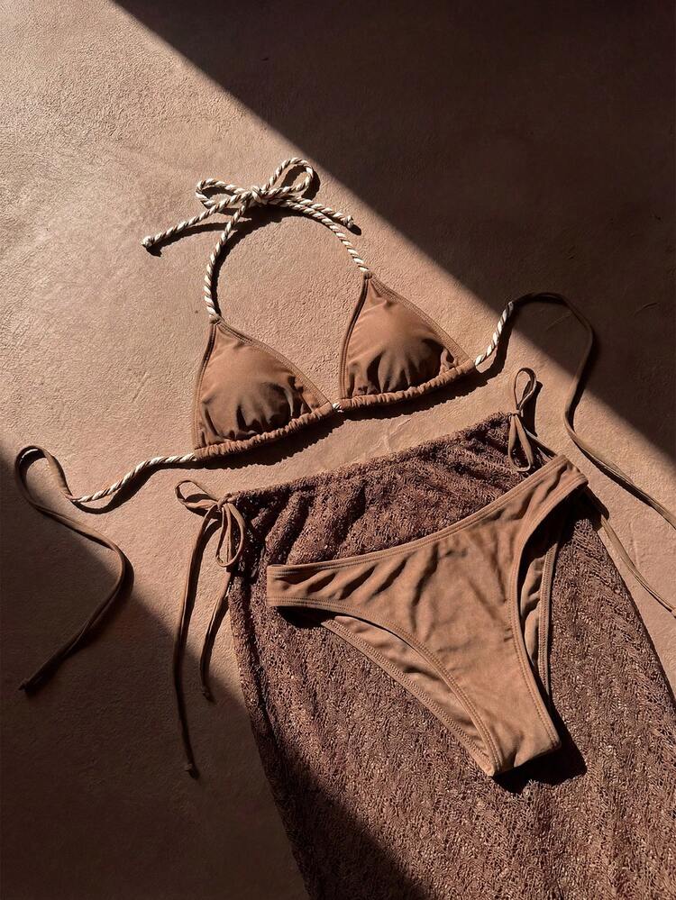 Women's Summer Beach Color Block Halter Tie Sexy Bikini And Triangle Panty Swimsuit Set With Skirt