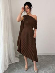 Rafferiza Đầm không tay xếp ly, cổ khăn choàng, dáng suông, thanh lịch dành cho nữ, chất liệu bóng, thích hợp cho mùa xuân/hè. - Cà phê nâu - Xem 3