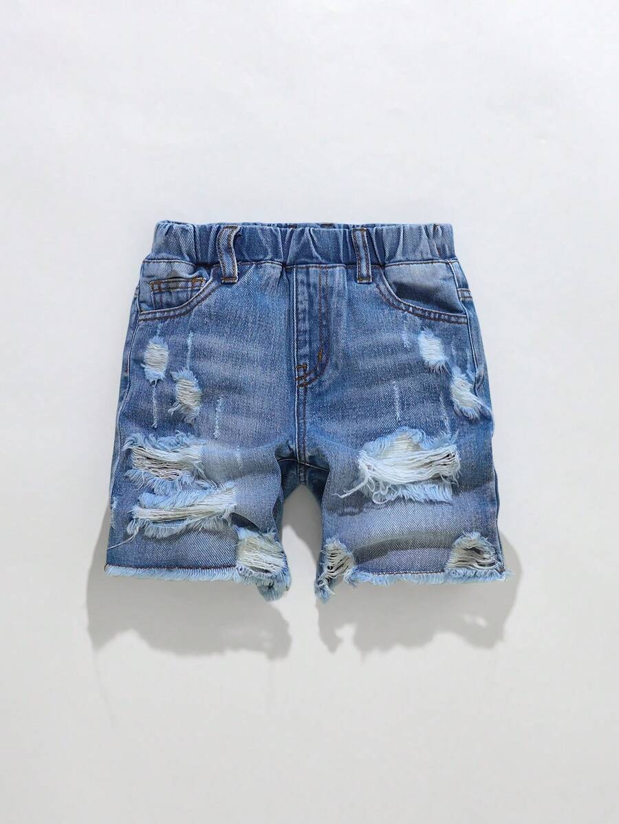 Boys' Summer Denim Shorts,Fashionable Street Style Light Blue Washed Distressed Ripped Details,Elastic Waistband Versatile Fit New Casual Jean Shorts