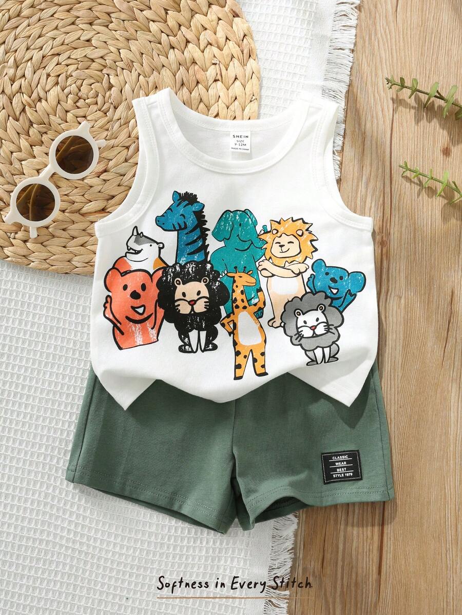 Cozy Pixies Bộ đồ mùa hè cho bé trai, kiểu dáng thường ngày, thoải mái, in hình động vật hoạt hình dễ thương, gồm áo ba lỗ và quần short trang trí. - màu xanh lá - Xem 1