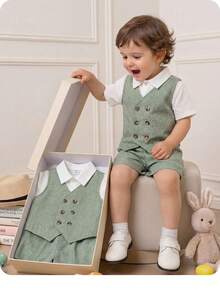 Baby Boy Gentleman Outfit - Vest And Shorts Set Formal Attire For Baby Boy Suits For Baby Boy Toddler Boy Dress Clothes Suit For Baby Photoshoot Outfit For Baby - Green - View 2