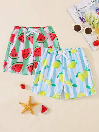 SHEIN 2pcs/Set Young Boy Casual Loose Fashionable Cute Classic Sunglasses Pineapple Colorful Striped Watermelon Fruit Print Swim Trunks, Suitable For Spring/Summer