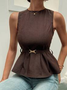 DAZY Women's Solid Color Sleeveless Round Neck Vest - Brown - View 6