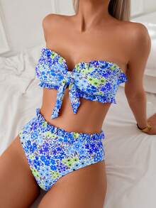 SHEIN Swim Mod 2pcs/Set Ditsy Floral Ruffled Bandeau Bikini Set, Beach & Summer - Blue - View 3