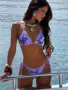 Bonvoyette Women's Sexy Sequin Halter Bikini Set, Suitable For Beach, Vacation, Party - Mauve Purple - View 1